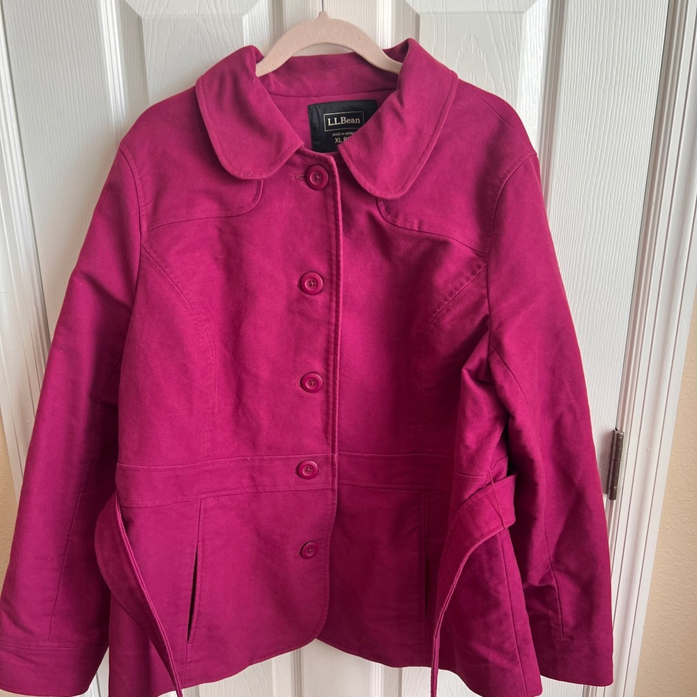 LL Bean Women's‎ Jacket, Fuchsia, Button Front, Tie Waist, Collared, XL Reg